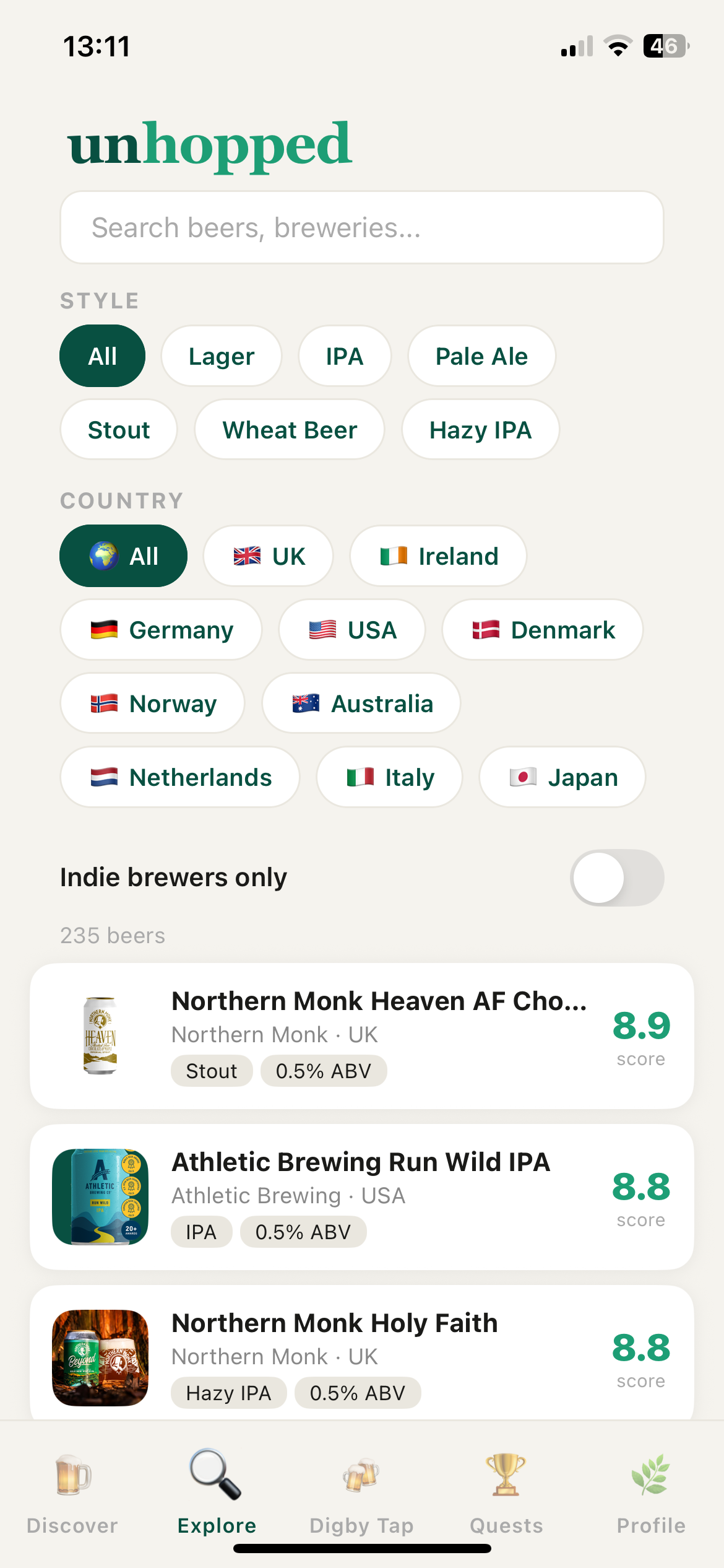 Unhopped app explore and search screen