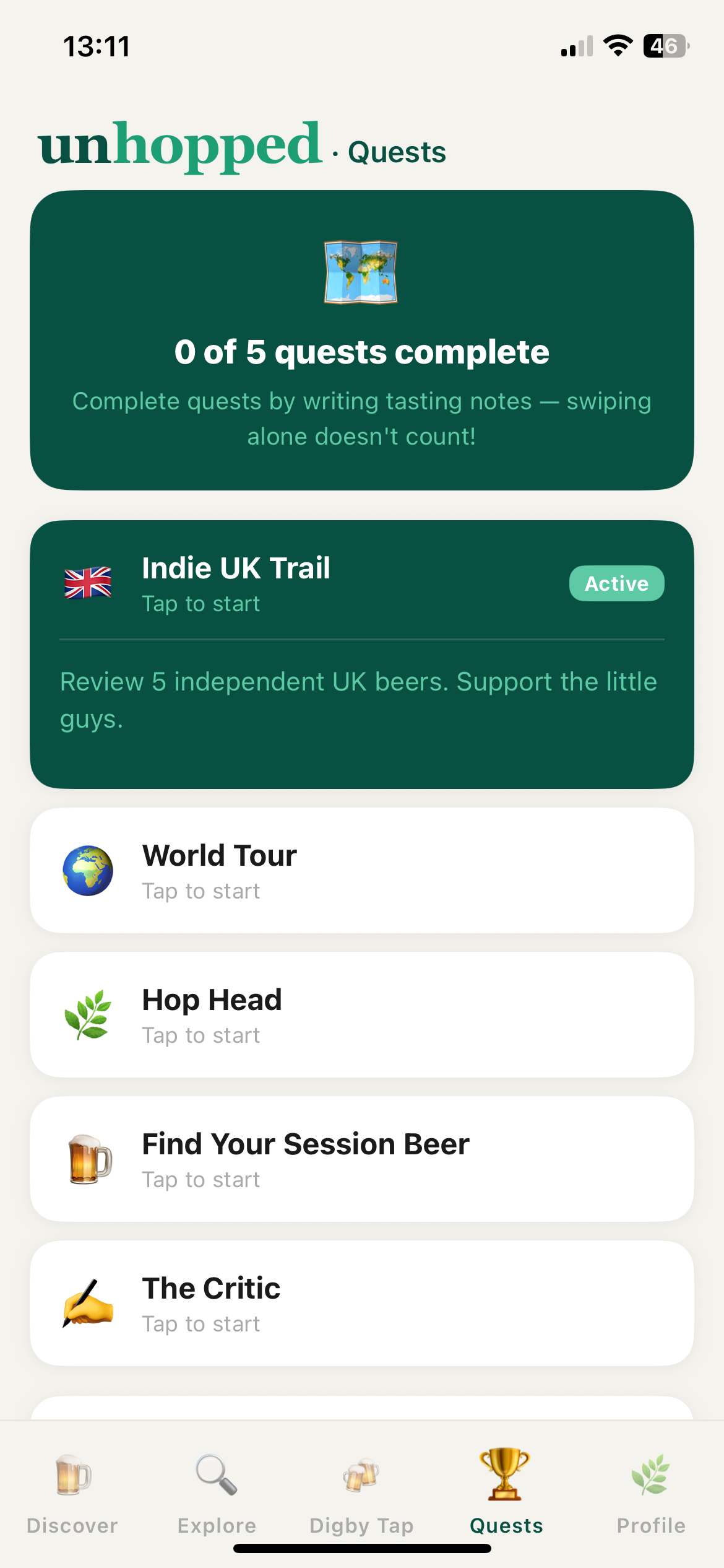 Unhopped app welcome screen
