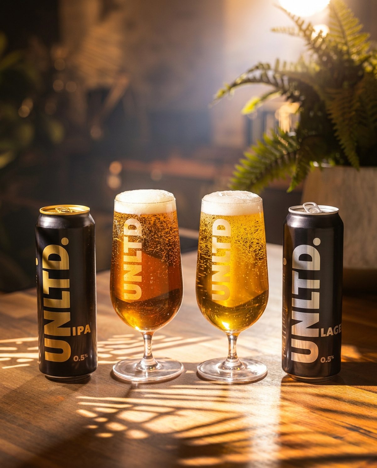 UNLTD. alcohol-free IPA and Lager cans and poured glasses